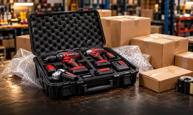 Illustration of protective tool cases and plain packing cartons