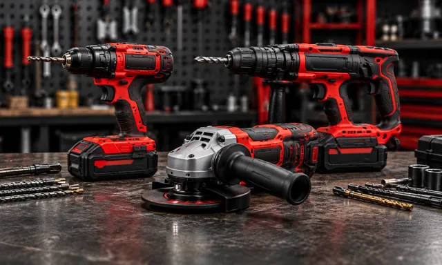Illustration of cordless tools arranged on a workshop table