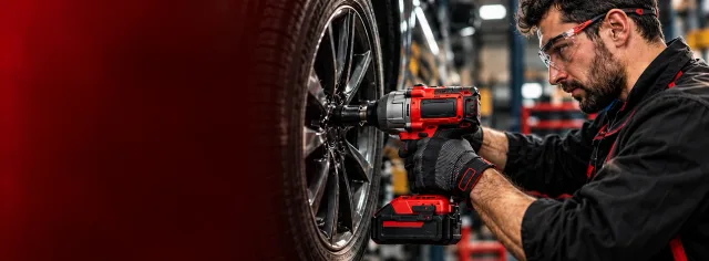 Illustrative scene of a mechanic using an impact wrench at a car wheel