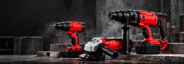 Cordless drill, angle grinder and rotary hammer on steel blocks in a dark workshop